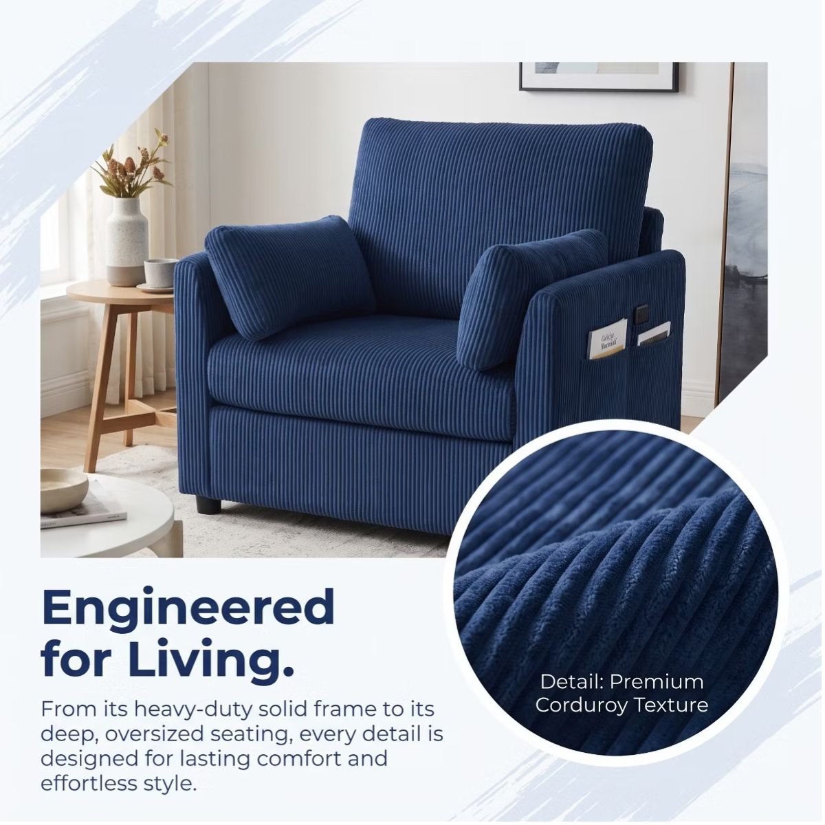 Accent Chair, Wide Corduroy Armchair with Side Pockets & 2 Pillows