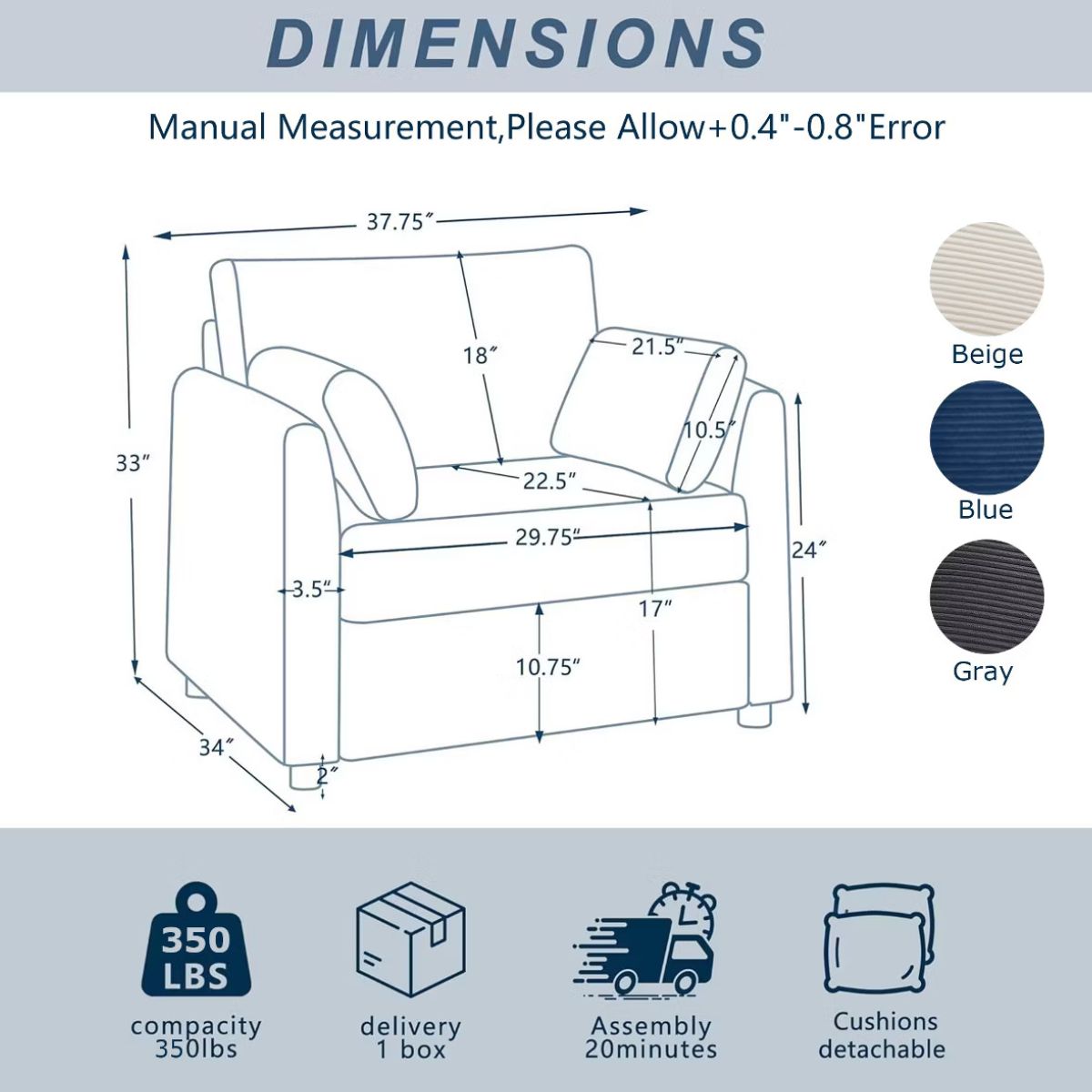 Accent Chair, Wide Corduroy Armchair with Side Pockets & 2 Pillows