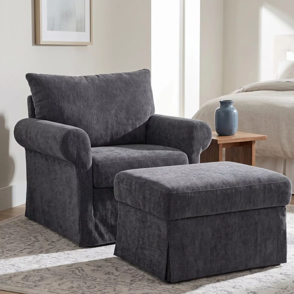 Chenille Accent Chair with Ottoman, Plush Cozy Lounge Set for Small Spaces