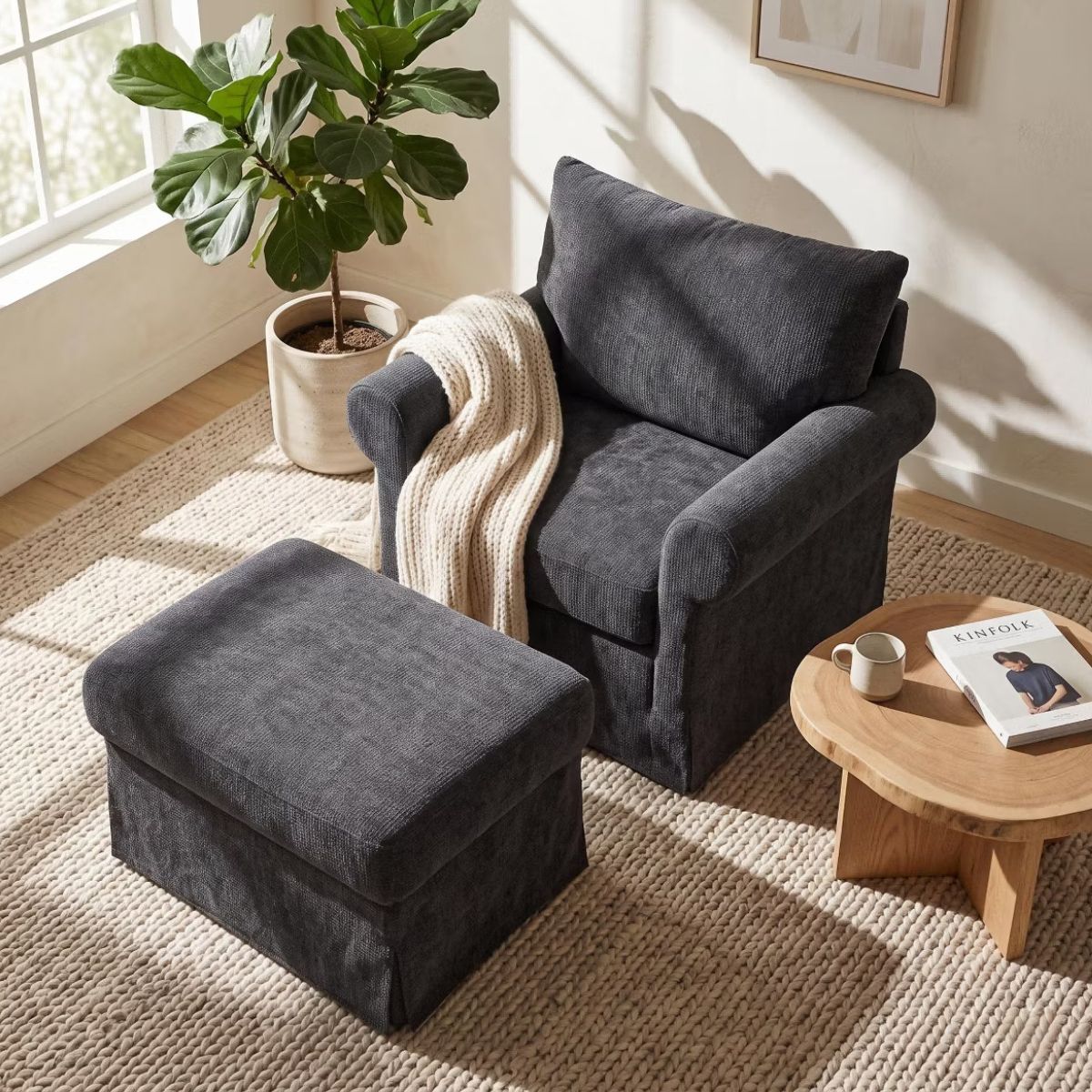 Chenille Accent Chair with Ottoman, Plush Cozy Lounge Set for Small Spaces