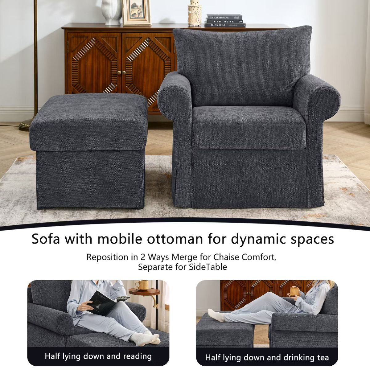 Chenille Accent Chair with Ottoman, Plush Cozy Lounge Set for Small Spaces