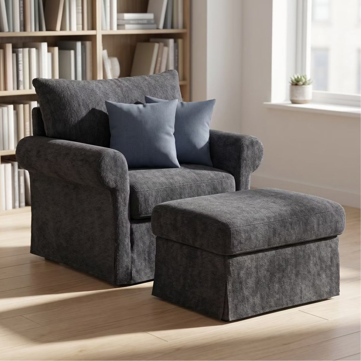 Chenille Accent Chair with Ottoman, Plush Cozy Lounge Set for Small Spaces