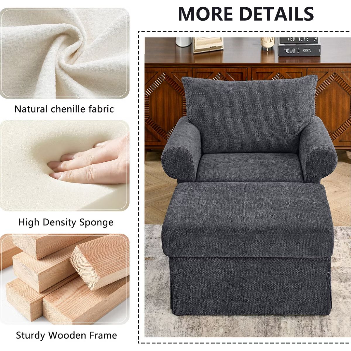 Chenille Accent Chair with Ottoman, Plush Cozy Lounge Set for Small Spaces