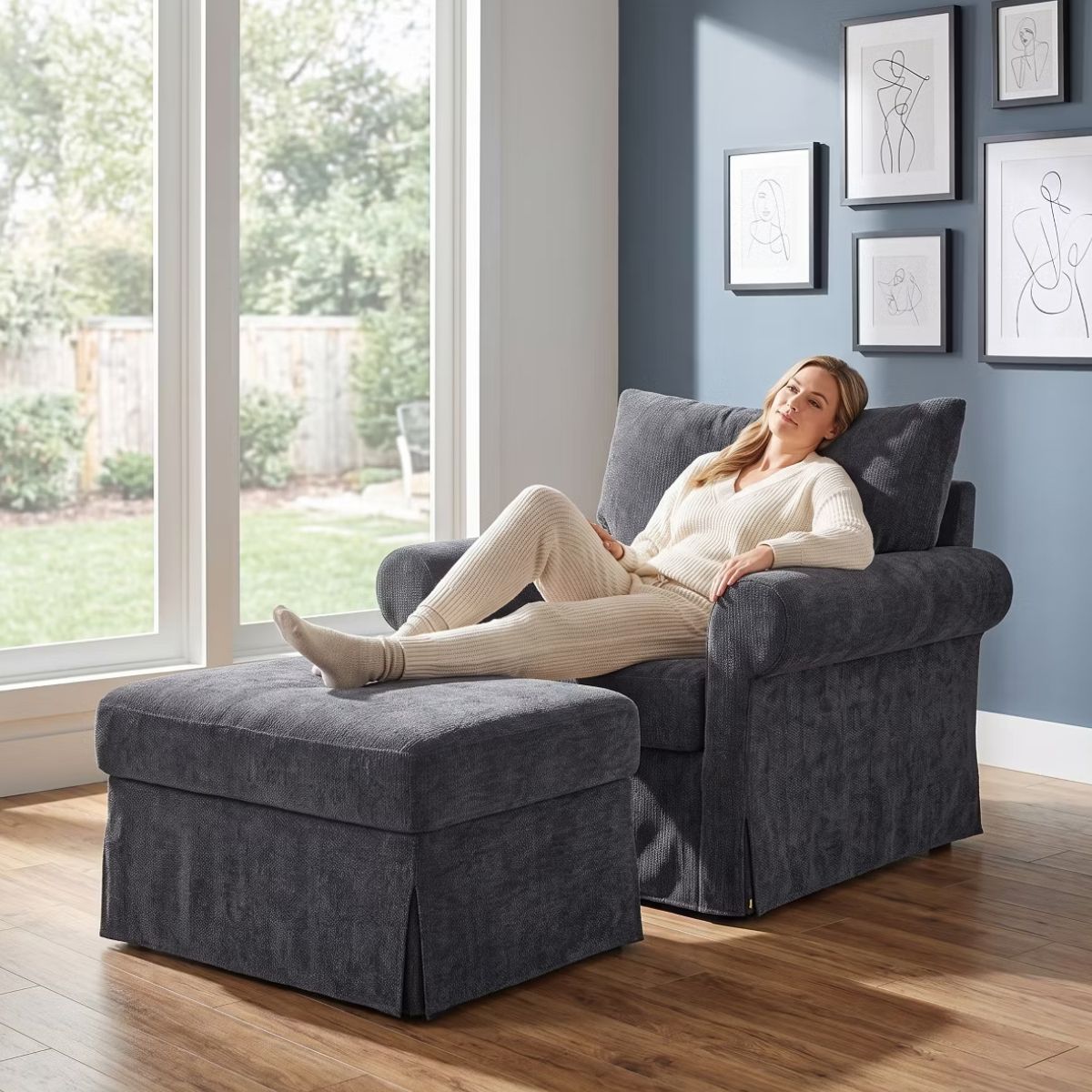 Chenille Accent Chair with Ottoman, Plush Cozy Lounge Set for Small Spaces