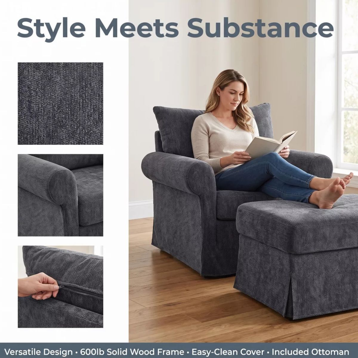 Chenille Accent Chair with Ottoman, Plush Cozy Lounge Set for Small Spaces