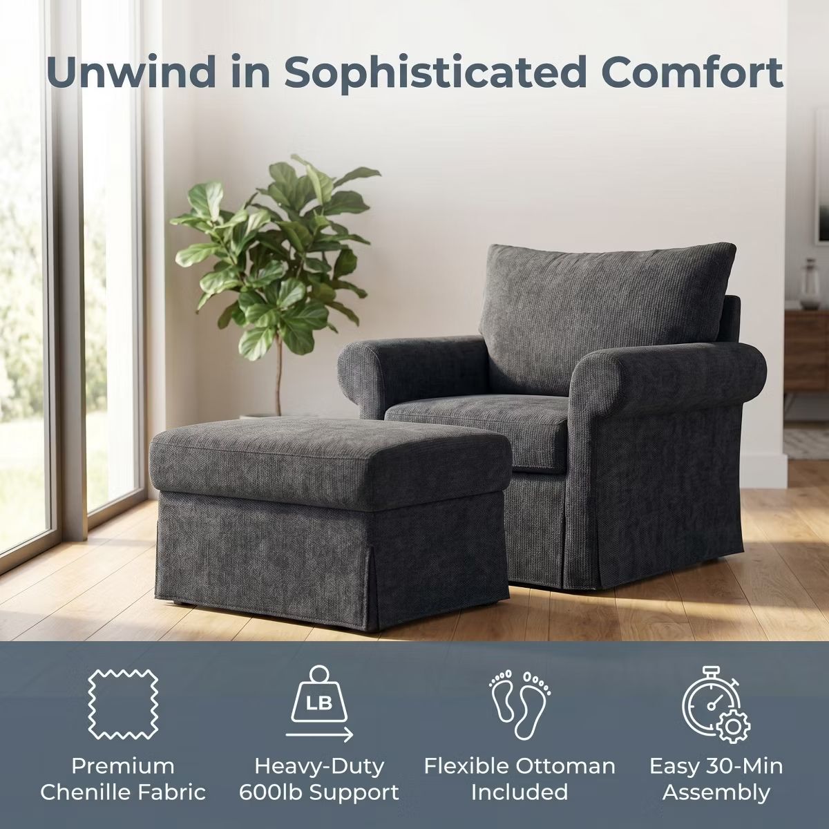 Chenille Accent Chair with Ottoman, Plush Cozy Lounge Set for Small Spaces