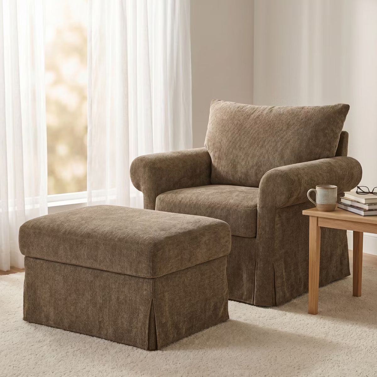 Chenille Accent Chair with Ottoman, Plush Cozy Lounge Set for Small Spaces