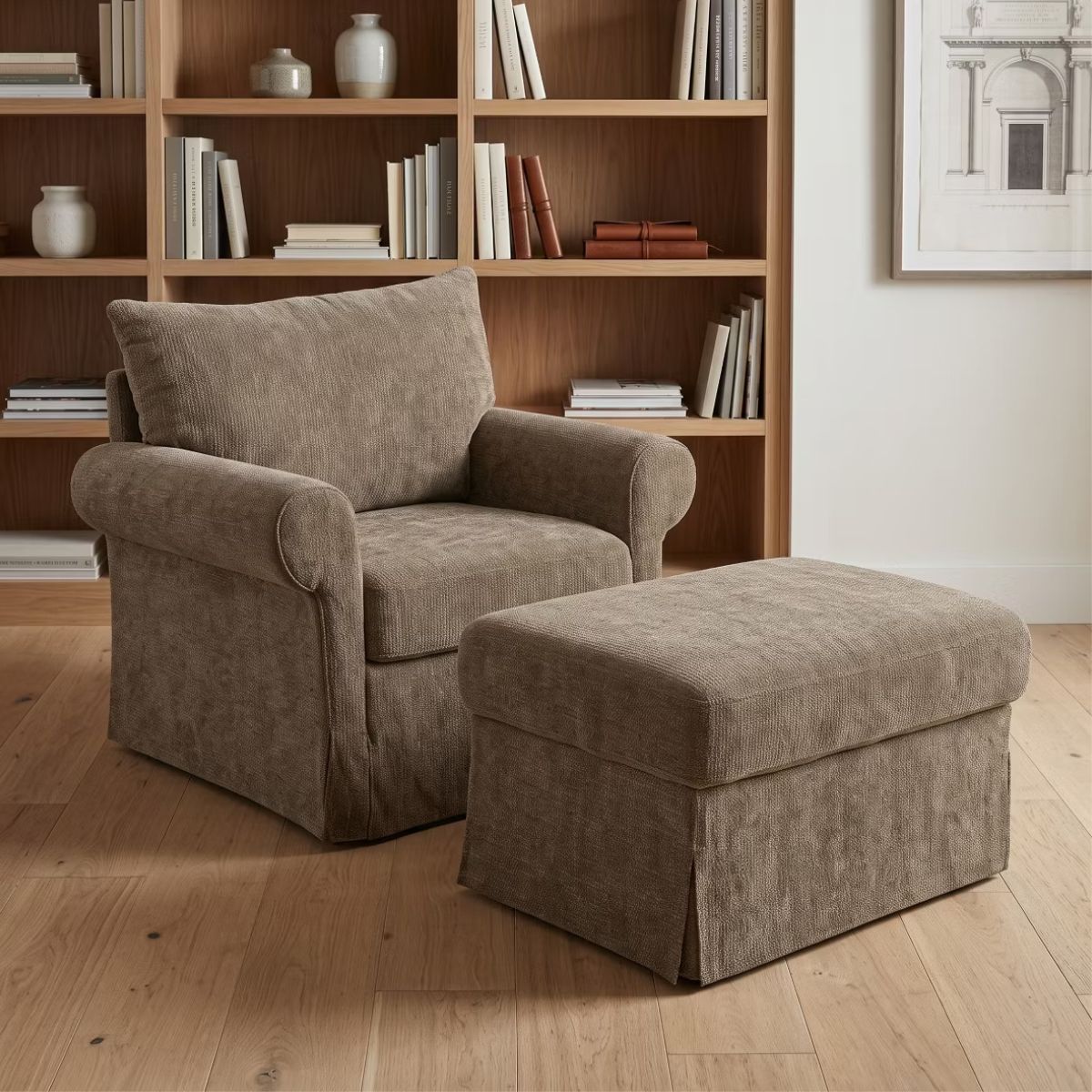 Chenille Accent Chair with Ottoman, Plush Cozy Lounge Set for Small Spaces