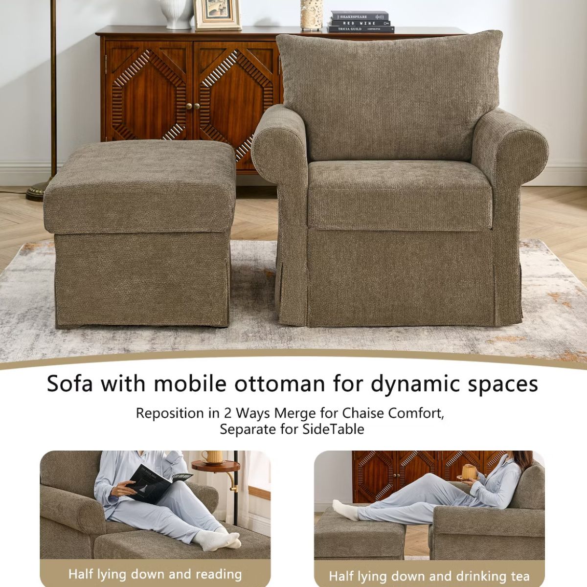 Chenille Accent Chair with Ottoman, Plush Cozy Lounge Set for Small Spaces