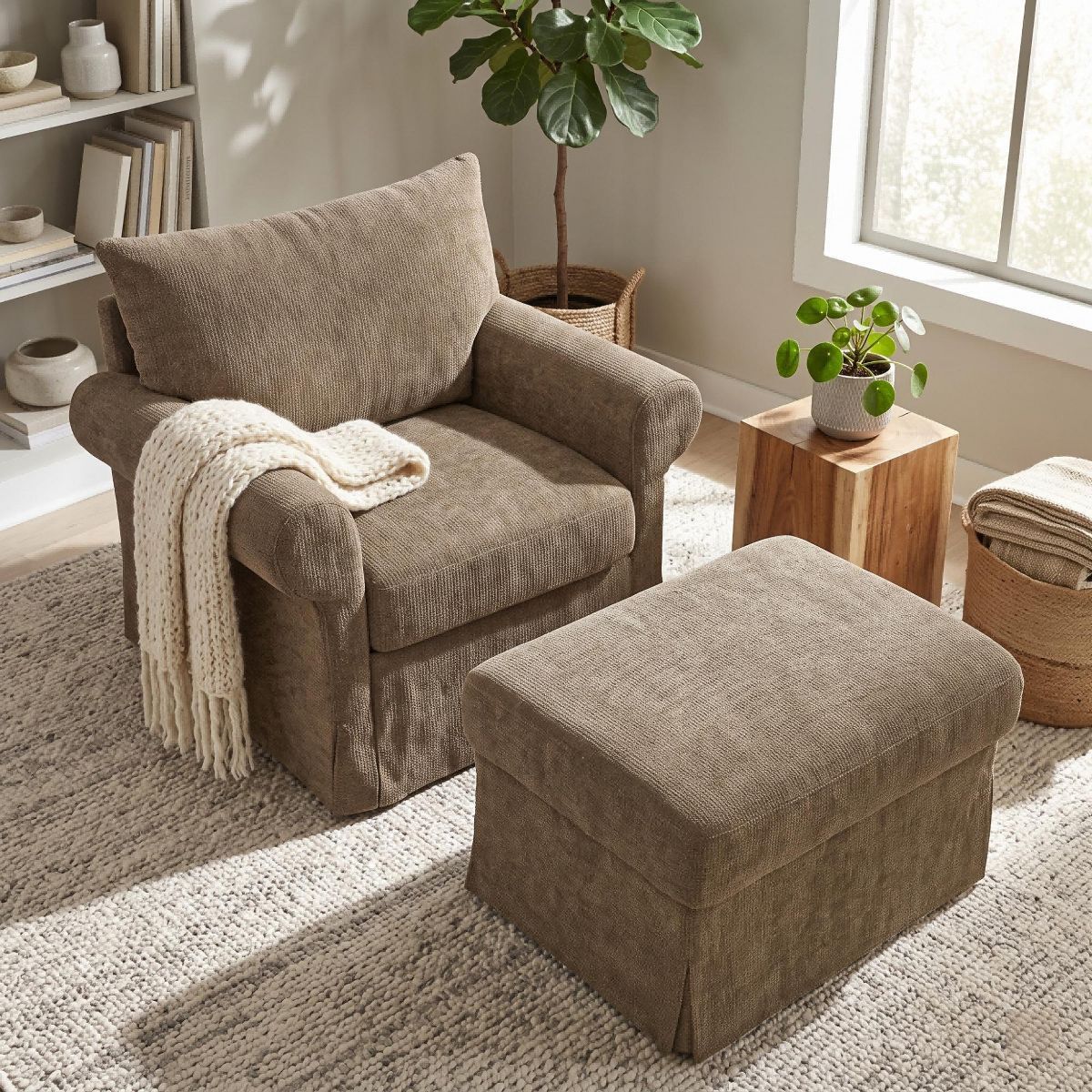 Chenille Accent Chair with Ottoman, Plush Cozy Lounge Set for Small Spaces