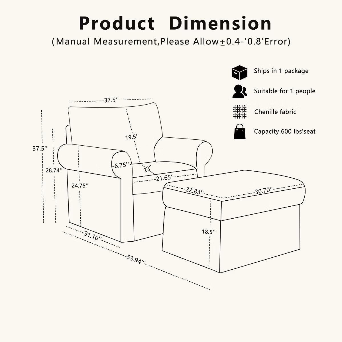 Chenille Accent Chair with Ottoman, Plush Cozy Lounge Set for Small Spaces