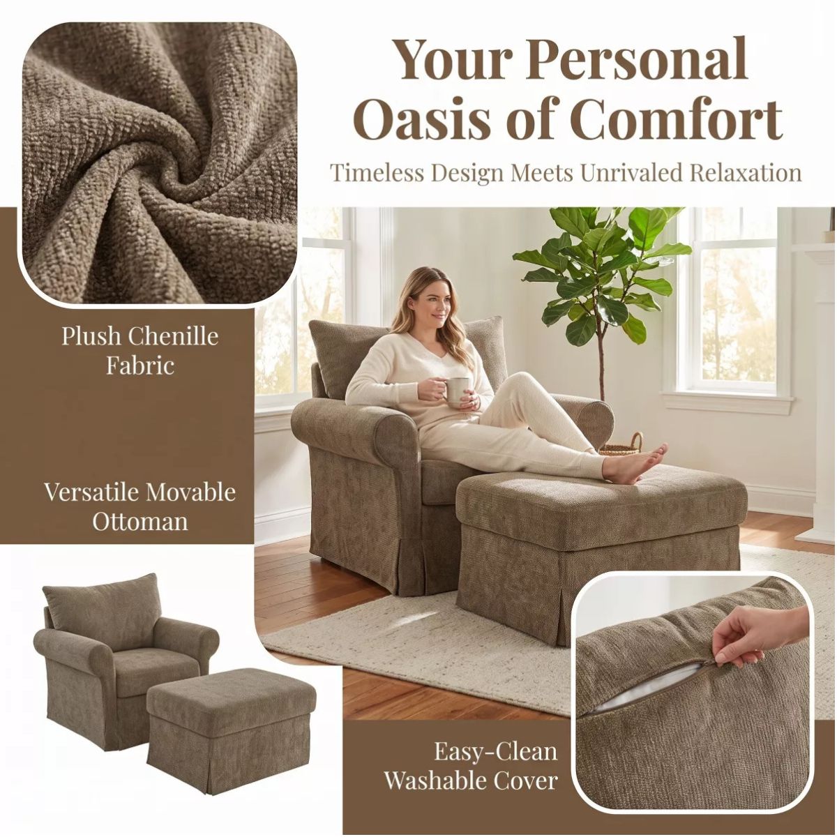 Chenille Accent Chair with Ottoman, Plush Cozy Lounge Set for Small Spaces