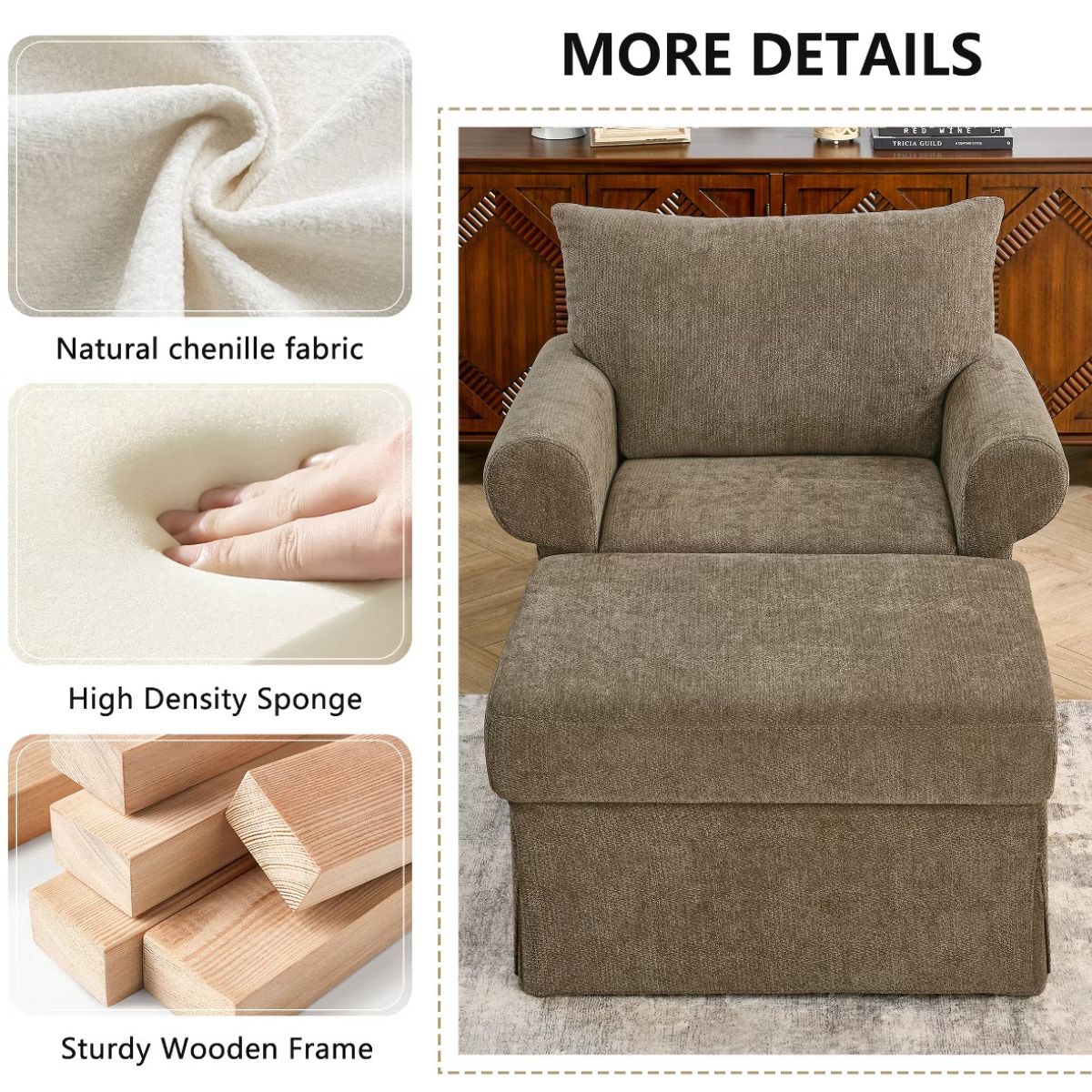 Chenille Accent Chair with Ottoman, Plush Cozy Lounge Set for Small Spaces
