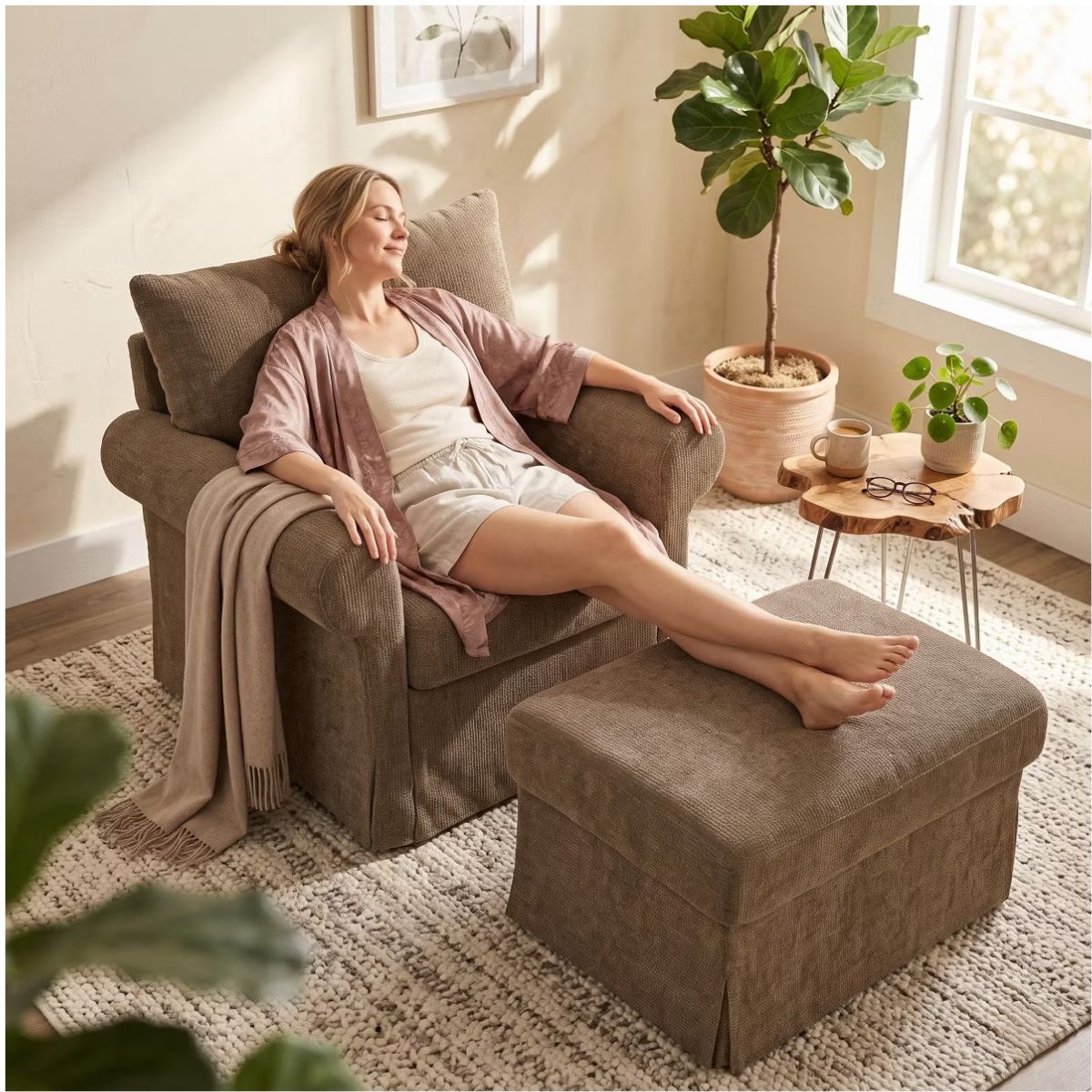 Chenille Accent Chair with Ottoman, Plush Cozy Lounge Set for Small Spaces