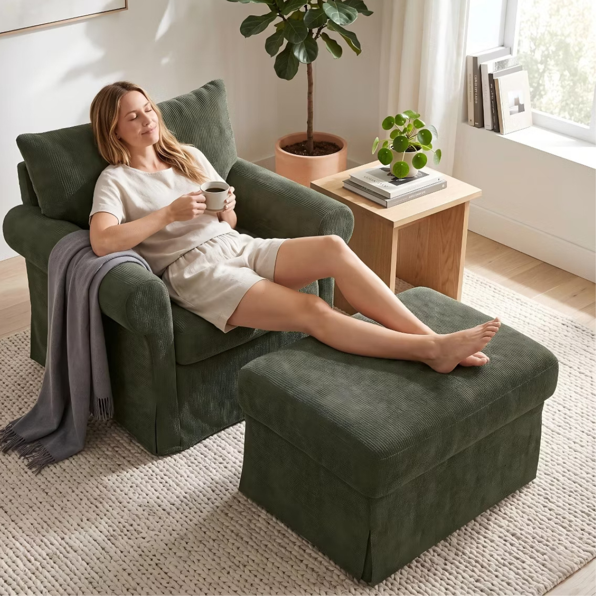 Chenille Accent Chair with Ottoman, Plush Cozy Lounge Set for Small Spaces