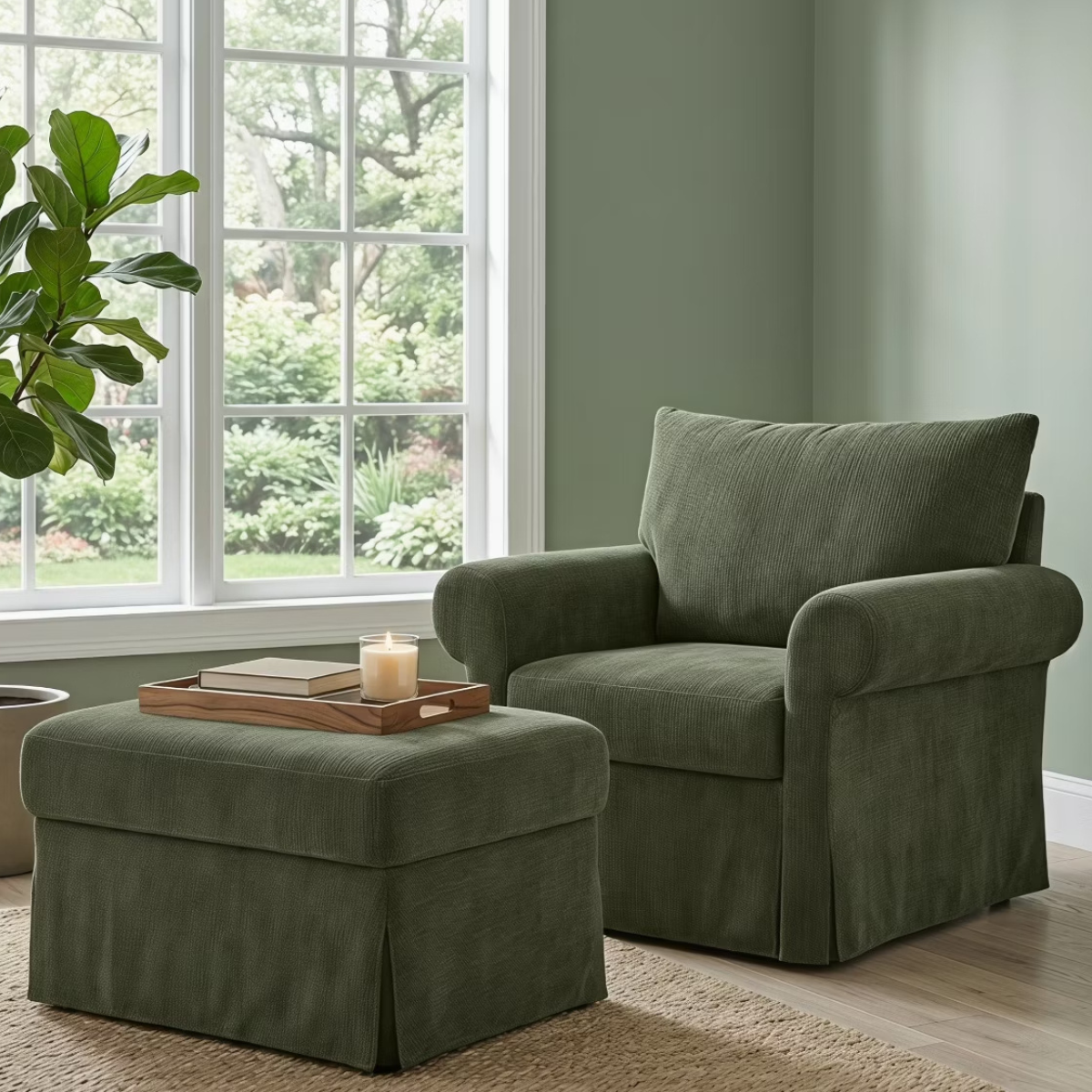 Chenille Accent Chair with Ottoman, Plush Cozy Lounge Set for Small Spaces