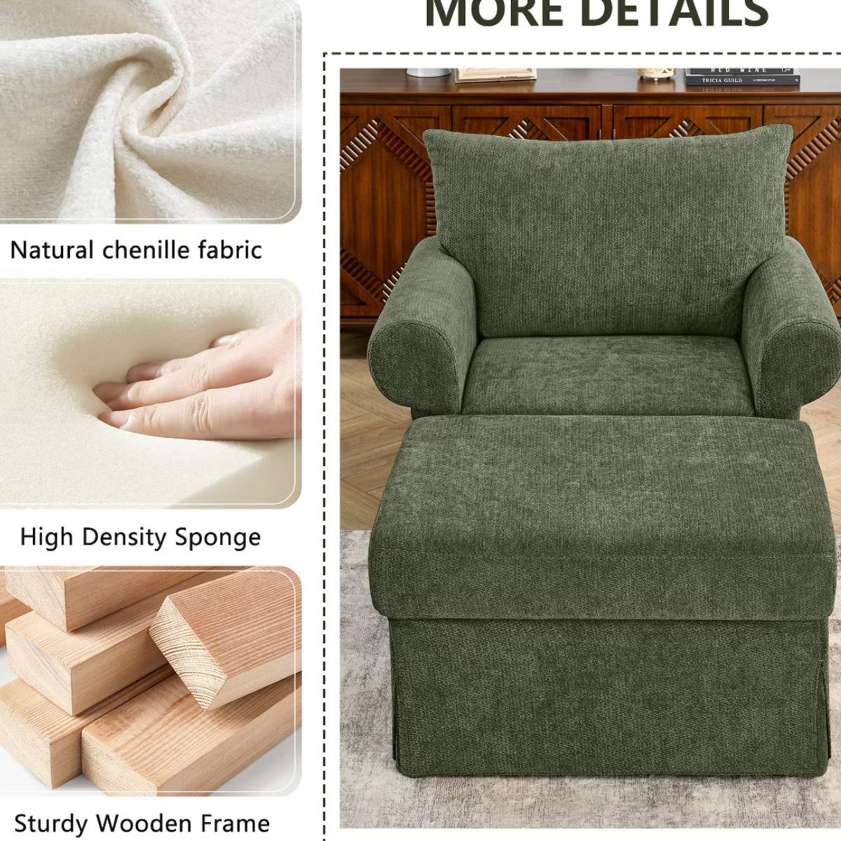 Chenille Accent Chair with Ottoman, Plush Cozy Lounge Set for Small Spaces