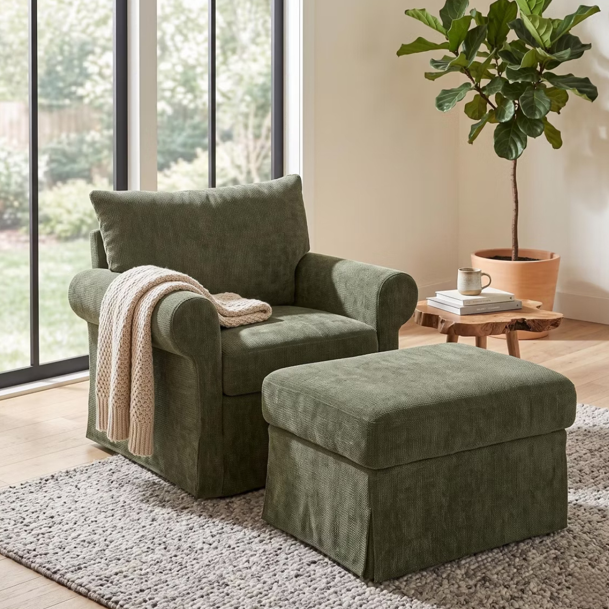 Chenille Accent Chair with Ottoman, Plush Cozy Lounge Set for Small Spaces