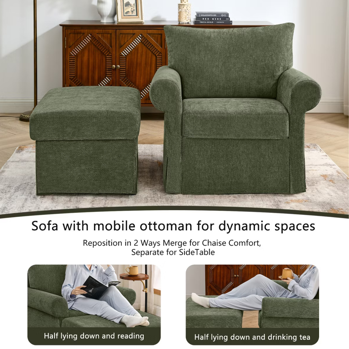 Chenille Accent Chair with Ottoman, Plush Cozy Lounge Set for Small Spaces