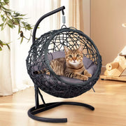 Cat Swing Bed with Stand & Cushion, Indoor Hanging Wicker Cat Chair for Small Pets