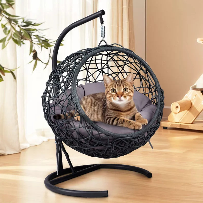 Cat Swing Bed with Stand & Cushion, Indoor Hanging Wicker Cat Chair for Small Pets