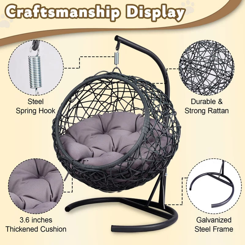 Cat Swing Bed with Stand & Cushion, Indoor Hanging Wicker Cat Chair for Small Pets