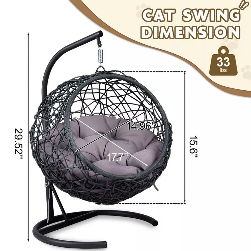 Cat Swing Bed with Stand & Cushion, Indoor Hanging Wicker Cat Chair for Small Pets