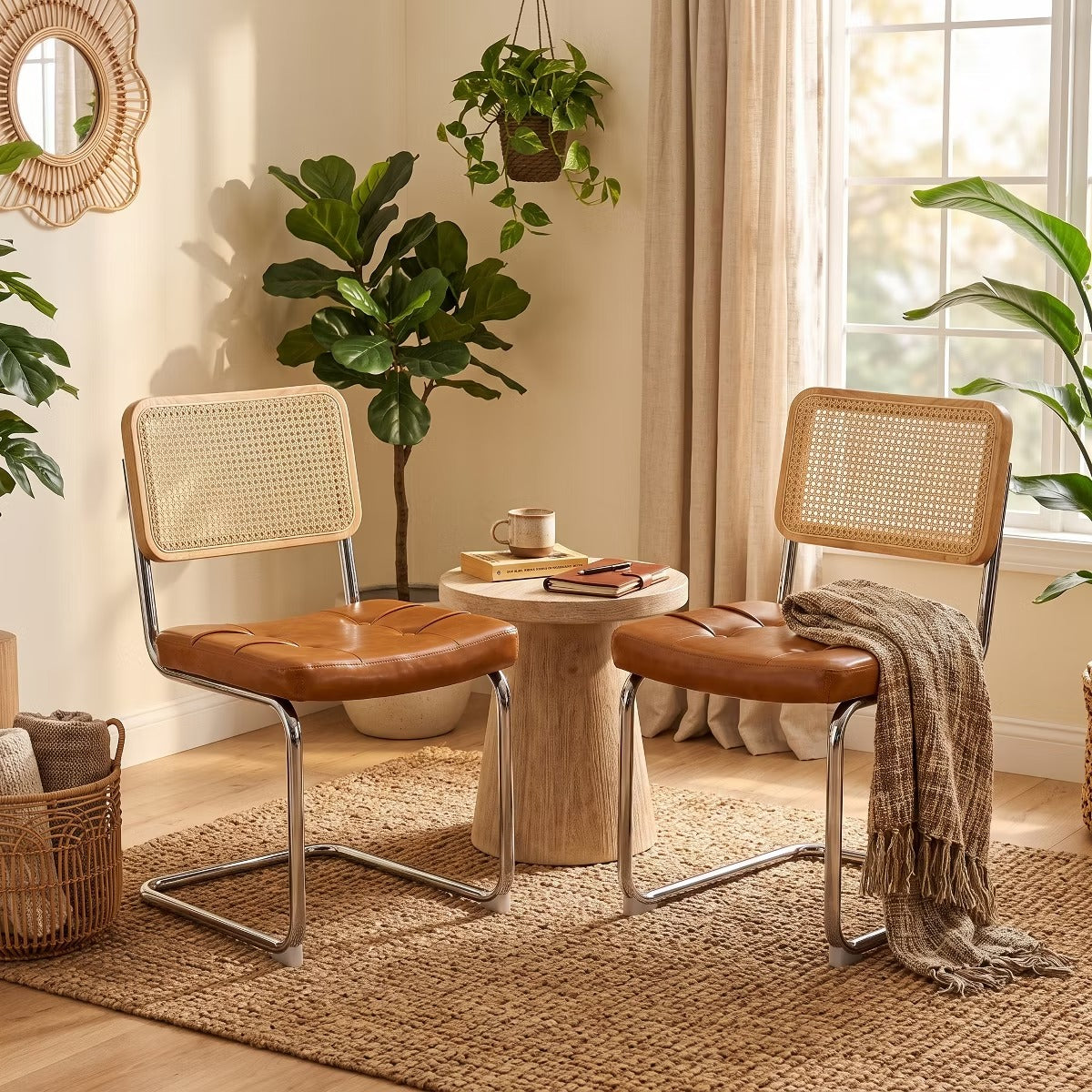Cantilever Dining Chairs Set of 2 – Black Faux Leather & Rattan Back