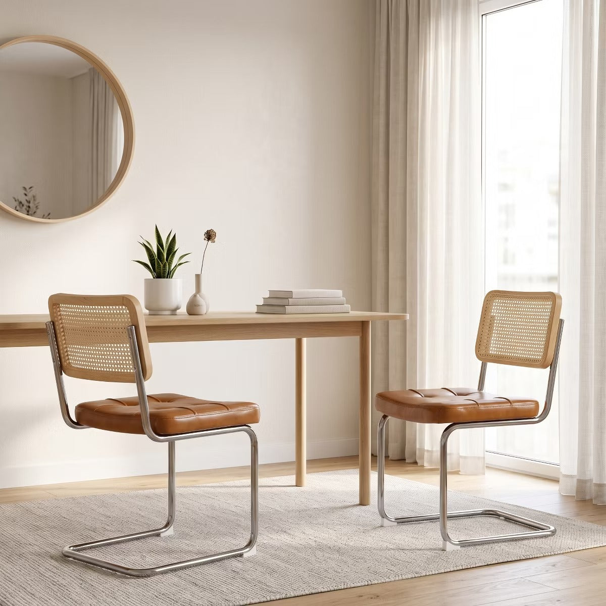 Cantilever Dining Chairs Set of 2 – Black Faux Leather & Rattan Back