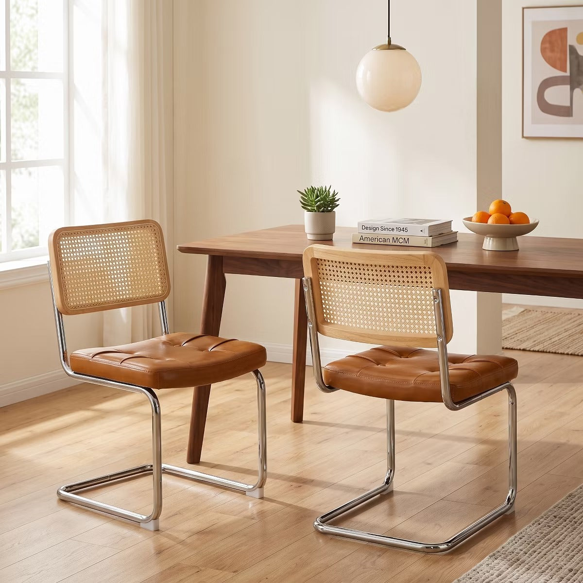 Cantilever Dining Chairs Set of 2 – Black Faux Leather & Rattan Back