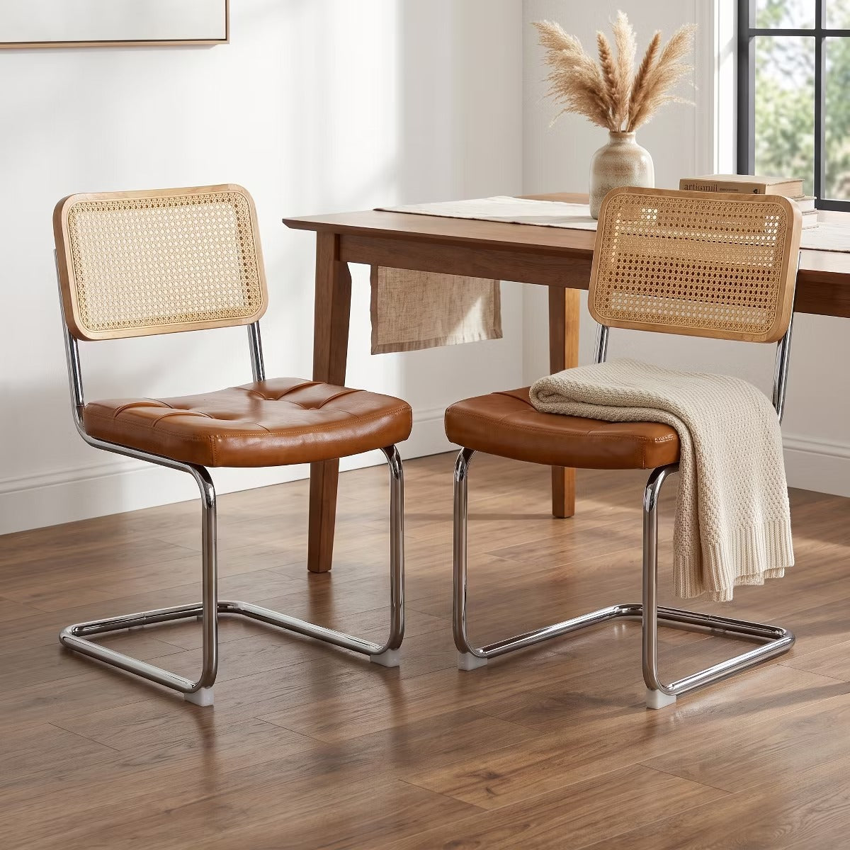 Cantilever Dining Chairs Set of 2 – Black Faux Leather & Rattan Back