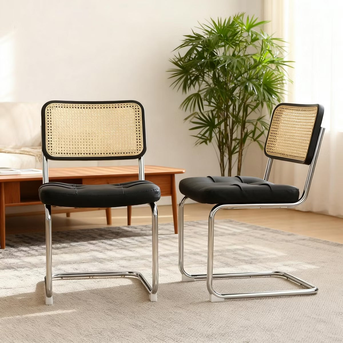 Cantilever Dining Chairs Set of 2 – Black Faux Leather & Rattan Back