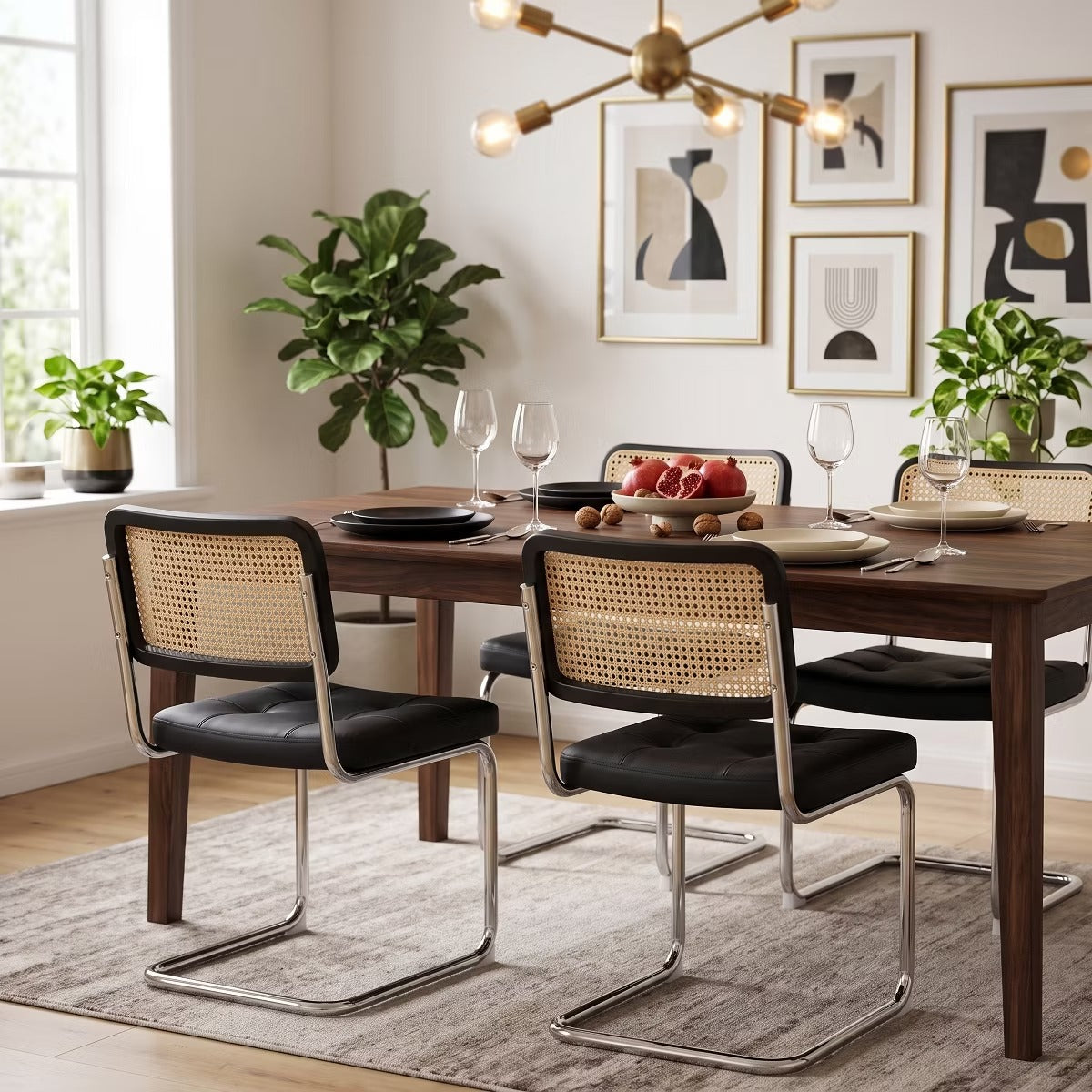 Cantilever Dining Chairs Set of 2 – Black Faux Leather & Rattan Back