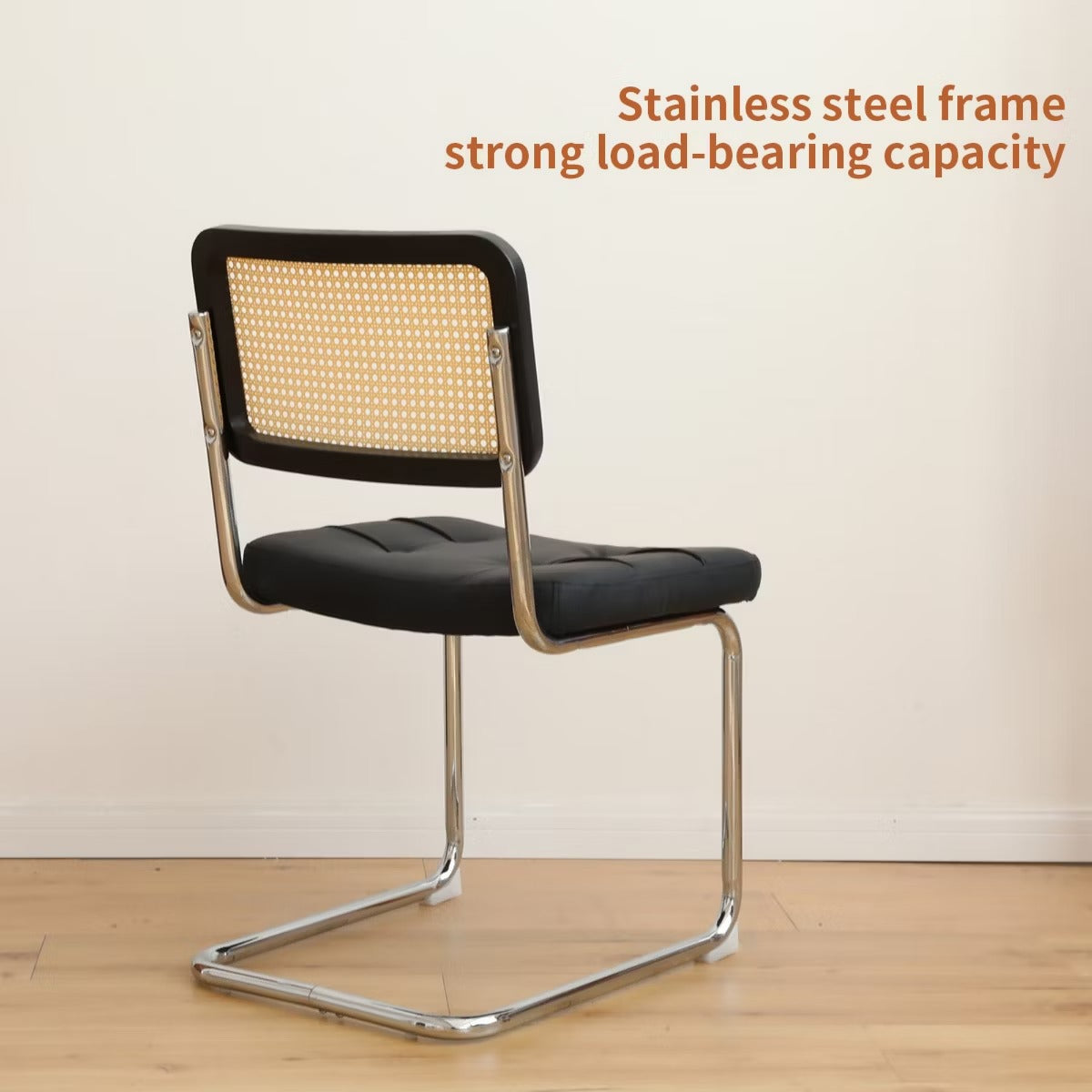 Cantilever Dining Chairs Set of 2 – Black Faux Leather & Rattan Back