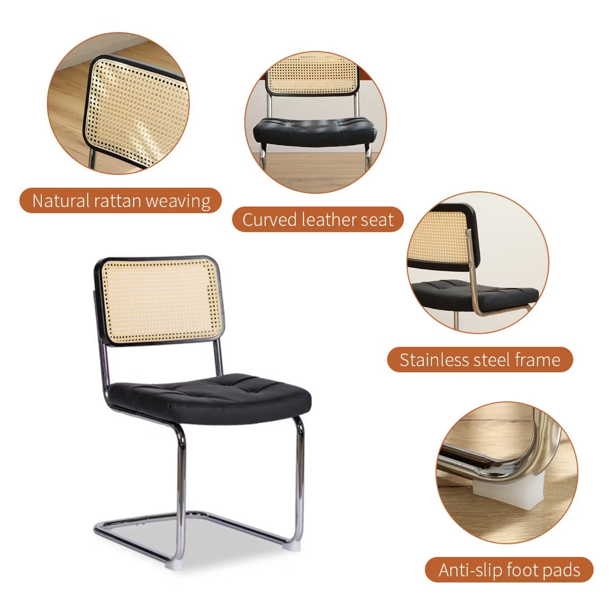 Cantilever Dining Chairs Set of 2 – Black Faux Leather & Rattan Back