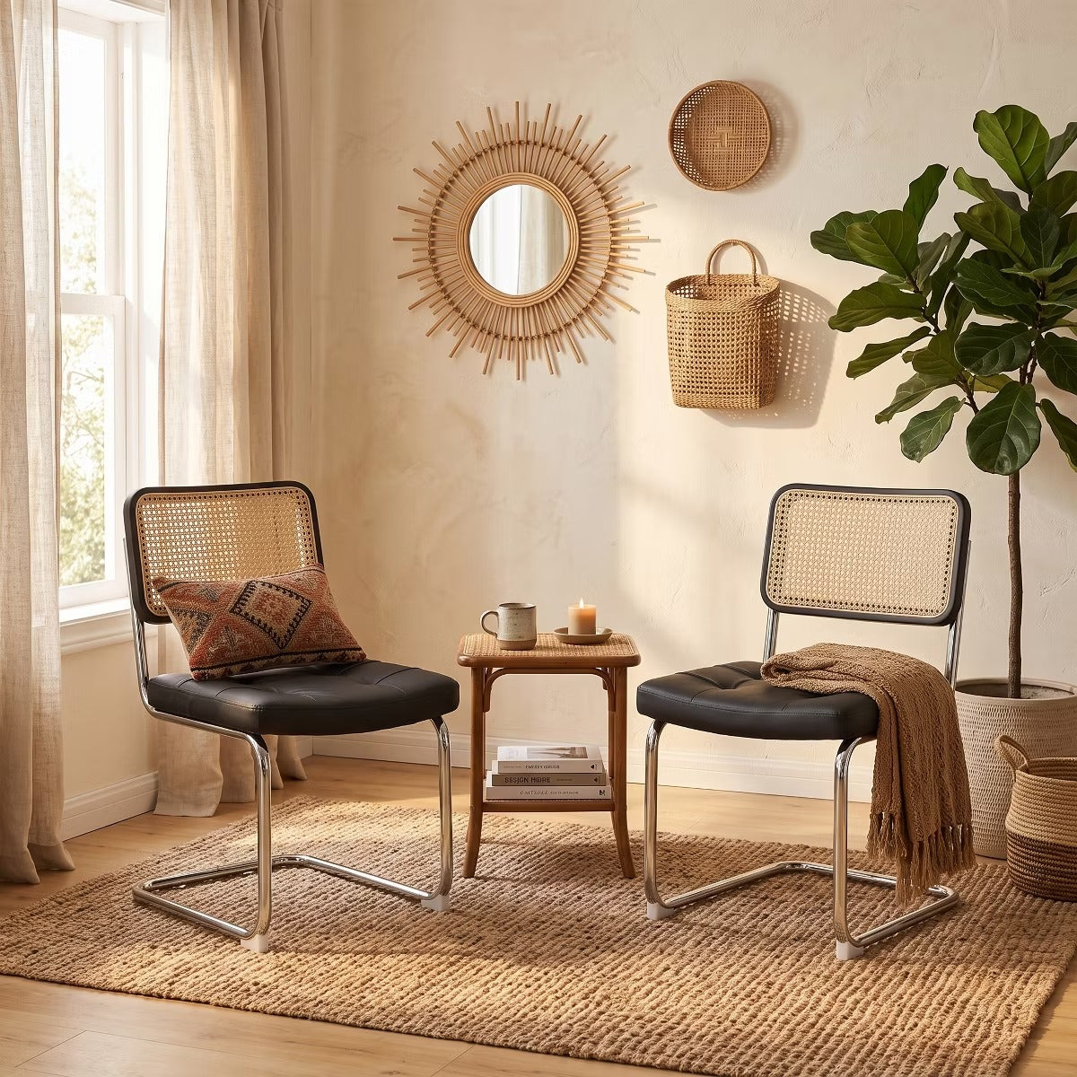Cantilever Dining Chairs Set of 2 – Black Faux Leather & Rattan Back