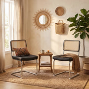 Cantilever Dining Chairs Set of 2 – Black Faux Leather & Rattan Back