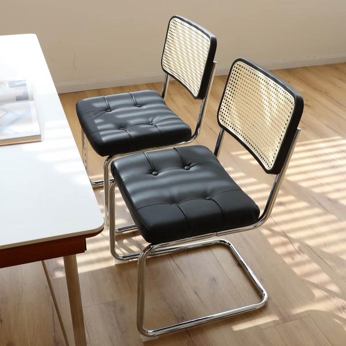 Cantilever Dining Chairs Set of 2 – Black Faux Leather & Rattan Back