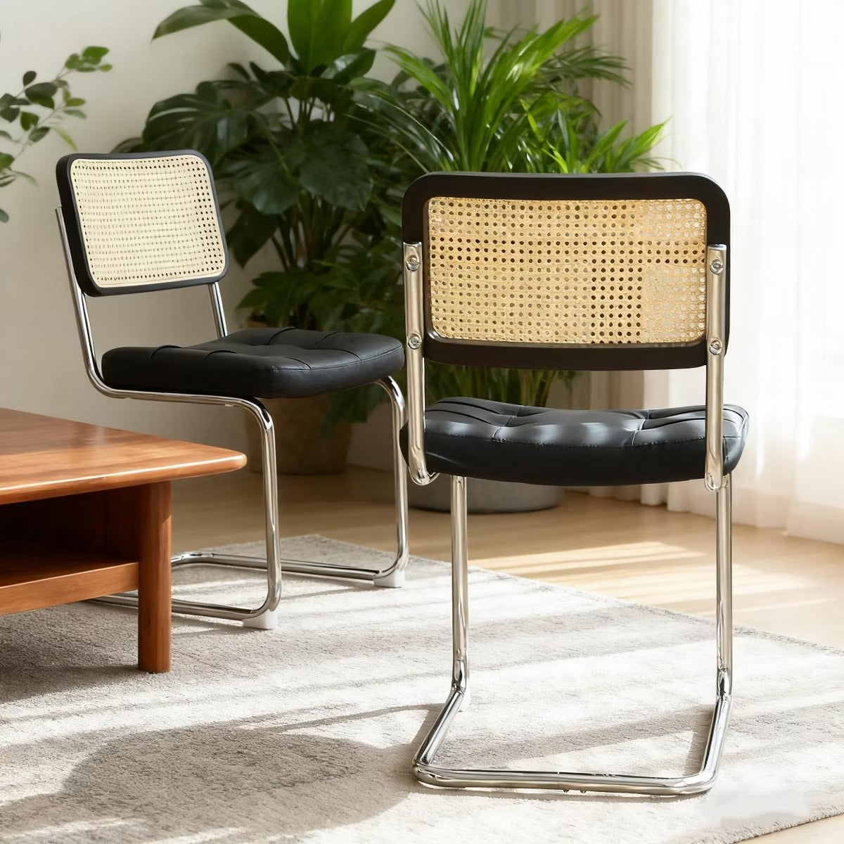 Cantilever Dining Chairs Set of 2 – Black Faux Leather & Rattan Back