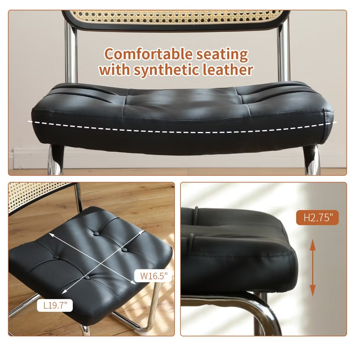 Cantilever Dining Chairs Set of 2 – Black Faux Leather & Rattan Back