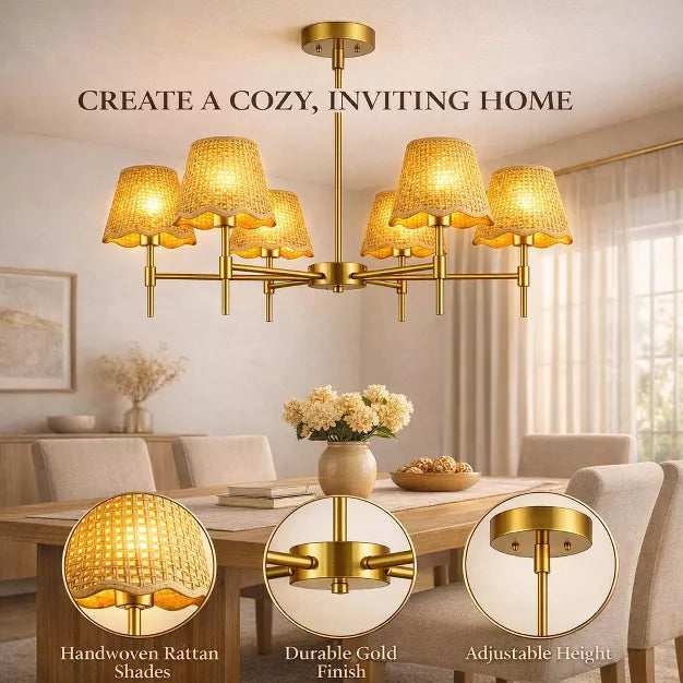 Height Adjustable 6-Light Chandelier Gold Farmhouse Boho Rattan Pendant Light