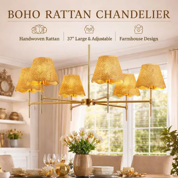 Height Adjustable 6-Light Chandelier Gold Farmhouse Boho Rattan Pendant Light