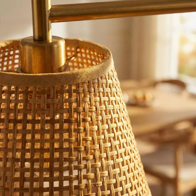 Height Adjustable 6-Light Chandelier Gold Farmhouse Boho Rattan Pendant Light