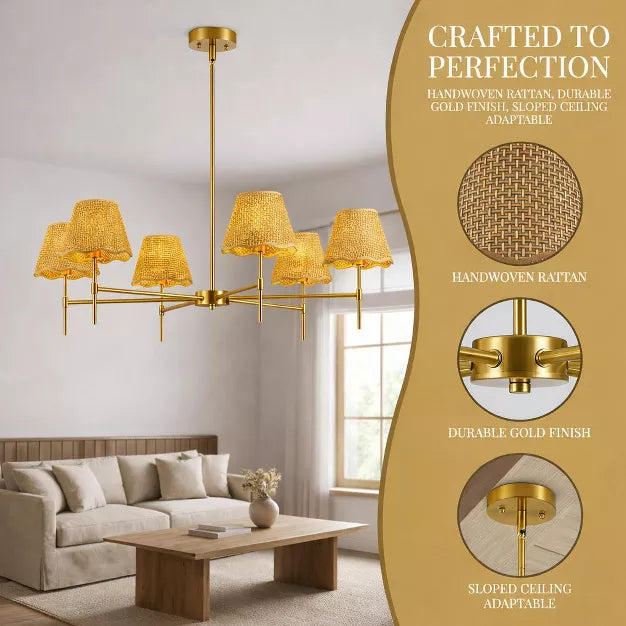 Height Adjustable 6-Light Chandelier Gold Farmhouse Boho Rattan Pendant Light