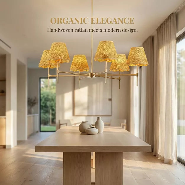 Height Adjustable 6-Light Chandelier Gold Farmhouse Boho Rattan Pendant Light