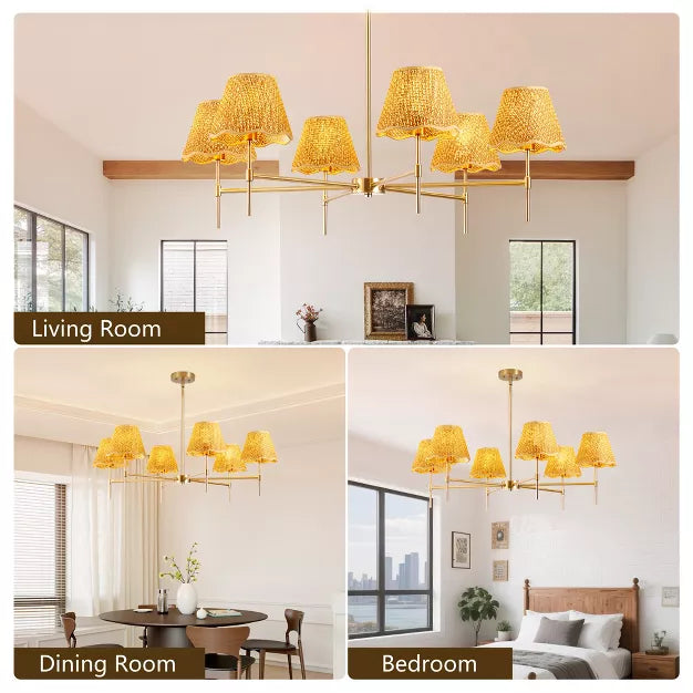 Height Adjustable 6-Light Chandelier Gold Farmhouse Boho Rattan Pendant Light