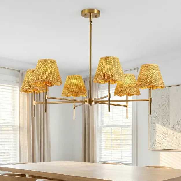 Height Adjustable 6-Light Chandelier Gold Farmhouse Boho Rattan Pendant Light