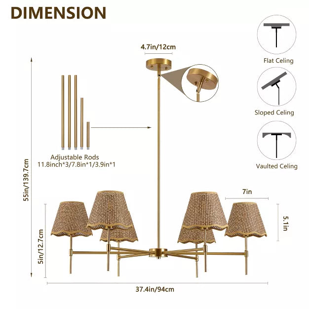 Height Adjustable 6-Light Chandelier Gold Farmhouse Boho Rattan Pendant Light
