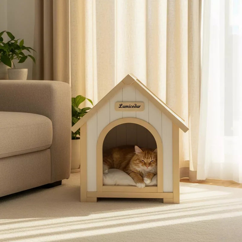 Modern Wooden Cat House with Cushion, Indoor Cedar Pet House for Small Dogs & Cats