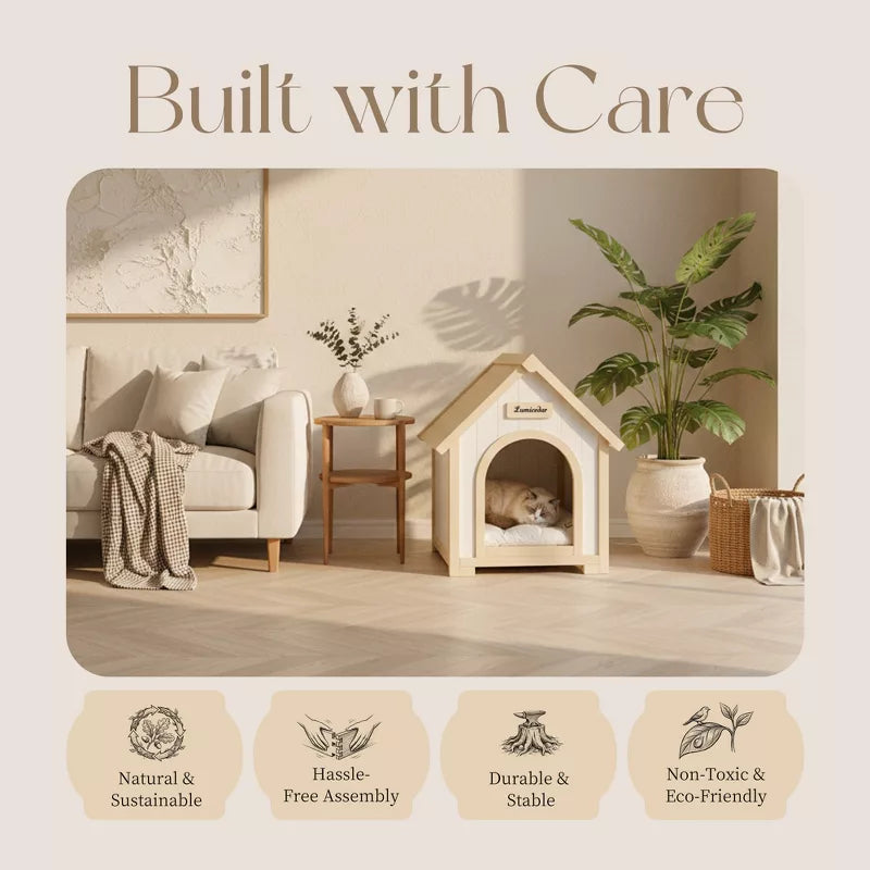 Modern Wooden Cat House with Cushion, Indoor Cedar Pet House for Small Dogs & Cats